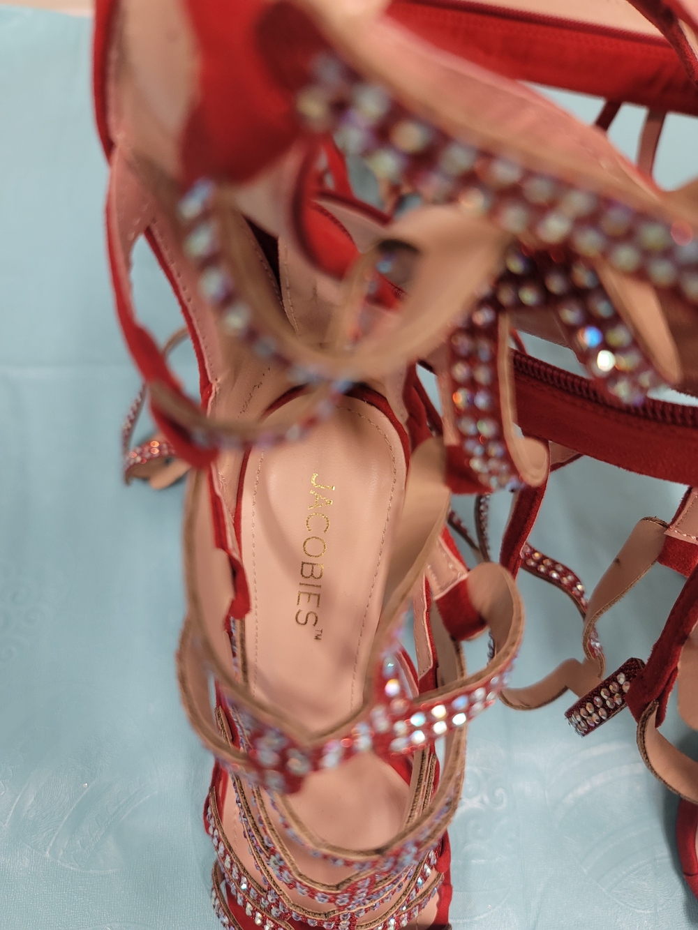 Red Gladiator Knee-High Strappy Sandals with Crystal Accents - Picture 5 of 9